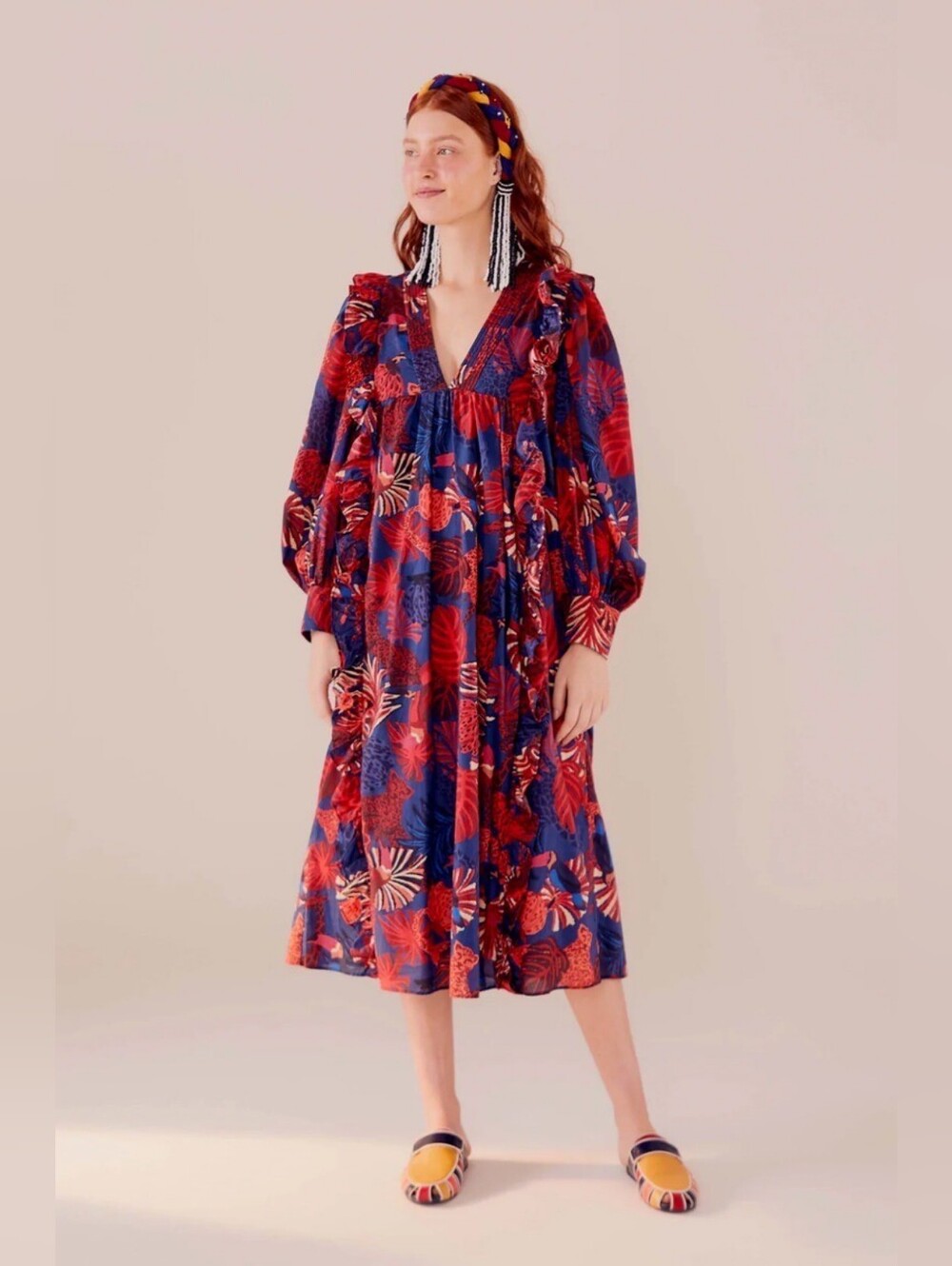 Farm Rio Animals Tapestry Midi Dress Large Tropical Boho Ruffle Long Sleeve